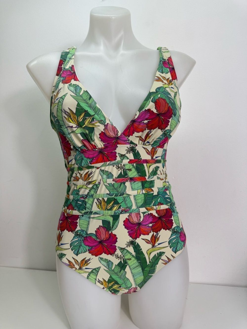 Catherine Malandrino Cream One-Piece with Green and Pink Floral Print Sz M NWT